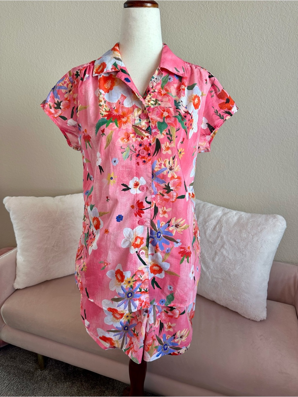 NWT The Cats Pajamas Voile Shorts Pajama Set Womens Sz S 100% Cotton Pink Floral